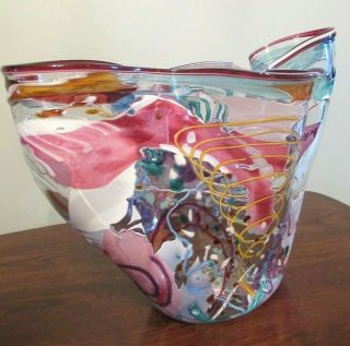 1991 Signed Vintage Abstract Art Hand Blown Glass Very Large 17x14 " Vase / Bowl