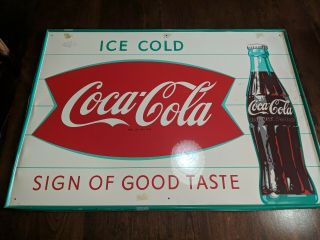 Vintage Coca - Cola Tin Sign Bottle Bowtie Double Fishtail Ice Cold Coke