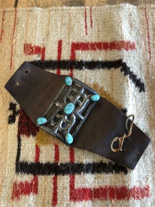 Vintage Navajo Sandcast Silver & Turquoise Bow Guard / Ketoh Bracelet