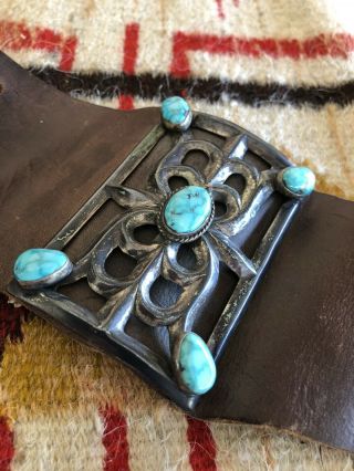 Vintage Navajo Sandcast Silver & Turquoise Bow Guard / Ketoh Bracelet 2