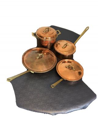 Set Of 4 Vintage Copper Pots Tin Lined Lid 2 Frying Pans 1 Sauce Pan 1 Stock Pot