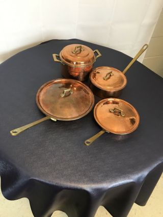 Set of 4 Vintage Copper Pots tin lined Lid 2 frying pans 1 sauce pan 1 stock pot 2