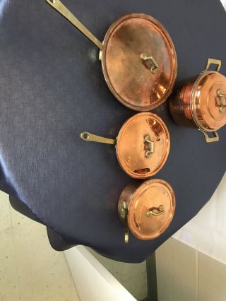 Set of 4 Vintage Copper Pots tin lined Lid 2 frying pans 1 sauce pan 1 stock pot 3