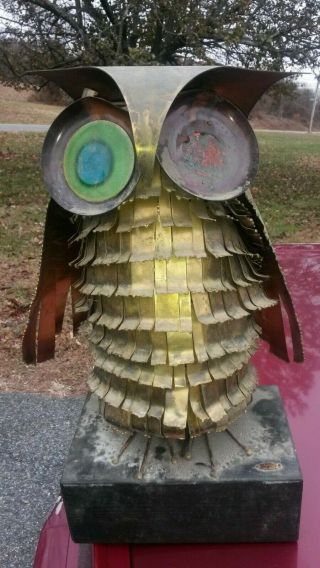Vintage Mid Century Modern Curtis Jere Owl Bird Metal Sculpture On Wood Base