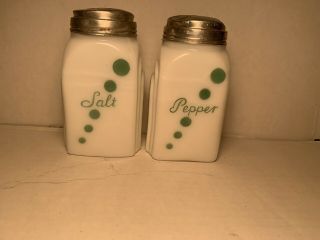 Vintage Mckee Green Dots Milk Glass Roman Arch Salt & Pepper Shakers