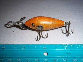 Vintage Tiny 2,  1/4 " Wood Glass Eye Heddon 3 Hook Minnow Lure In Goldfish Rare