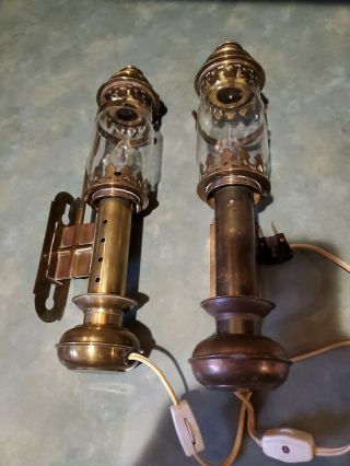 2 Vintage Electric Candle Holders Wall Sconce Lantern Brass Glass Hurricane