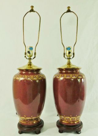Pair Antique/vtg Chinese Asian Burgundy & Gold Enamel Porcelain Vase Table Lamps
