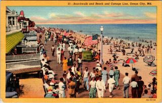 Postcard Md Ocean City Boardwalk Beach And Cottage Line View Vintage Linen A2