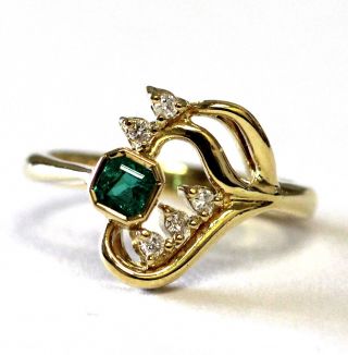18k Yellow Gold.  07ct Diamond Natural Emerald Gemstone Ring 4.  2g Womens Vintage