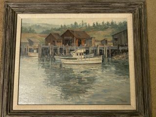 Vintage Mid - Century Oil On Canvas Boats In Harbor By William Hamilton