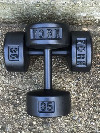 Vintage York 35 Pound Dumbbells Pre - Usa Roundhead 35 Lb Ea Total Weights 70 Lb