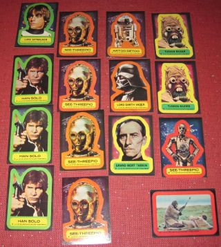 1977 Star Wars Topps Card Pack 15 Stickers 1,  3x3,  4x5,  6,  7,  8,  2x10,  15,  17