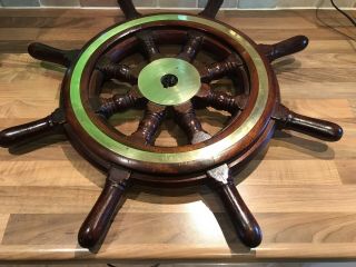 Vintage Mahogany & Brass Trim Ships Wheel Maritime Marine Boat Nautical