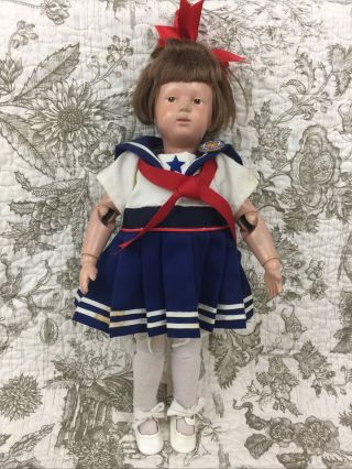 Antique Schoenhut Girl Doll 15” Wood Sailor Dress Tlc