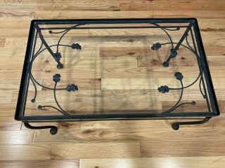 Vintage Hollywood Regency Wrought Iron Glass Coffee Table Leaves Scrolls Euc
