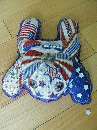 Vtg Cross Stitch Needlepoint Bean Bag Frog 9 " X 9 " Beads Americana Themed