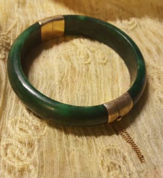 Vintage ◇ Engraved 14k Gp ◇ Green Jade Hinged Bangle Bracelet ◇ Piece