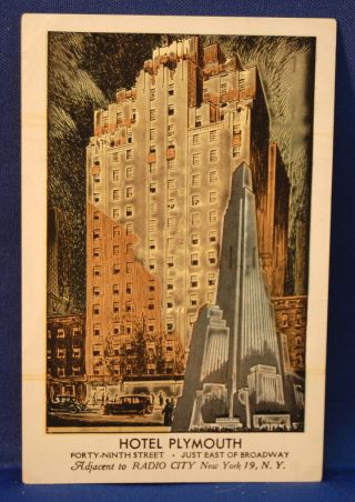 Vintage Hotel Plymouth Post Card Radio City York Broadway Art Deco 18 - 275