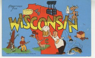 Wi Postcard Greetings From Wisconsin Comic Cartoon Vtg Linen B9