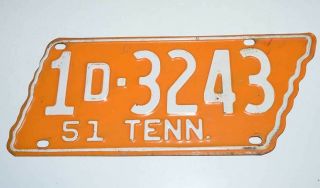 Vintage 1951 Tennessee Metal License Plate - State Shape - 51 Tenn.  - 1d - 3243