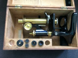 Vintage Bausch & Lomb Opt Co Microscope W/ Dovetailed Box Black Brass Early Old