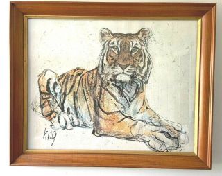 Vintage Framed Tiger Print On Canvas Signed By Fritz Rudolf Hug