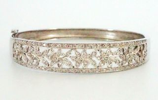 Vintage Sterling Silver Hinged Bangle Floral Bracelet W 100x Diamonds (sar) 223