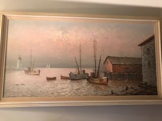 Gorgeous Large Max Savy Nautical Oil On Canvas Painting Harbor.