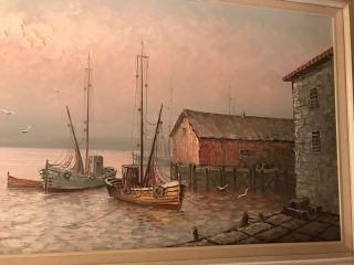 Gorgeous Large Max Savy Nautical Oil on Canvas Painting Harbor. 2