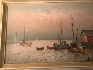 Gorgeous Large Max Savy Nautical Oil on Canvas Painting Harbor. 3