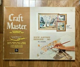 Vintage 60s Craft Master Numbered Oil Painting Set/3 Na - 442 The Birches Deer Nos