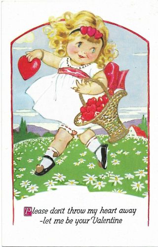 Vintage Valentine Postcard,  Little Blond Girl W Gilt Basket Of Hearts