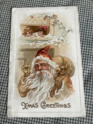 Vintage Santa Claus Postcard Children In Window Christmas Series Number 586