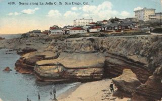 La Jolla Cliffs San Diego,  Ca Beach Scene 1918 Vintage Postcard