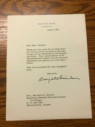 Vintage 7 - 11 - 53 Letter Signed By Dwight D.  Eisenhower On White House Letterhead