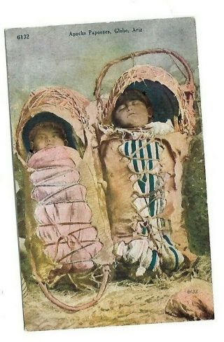 Vintage Native American Indian Postcard S837 2 Apache Papooses Globe Az