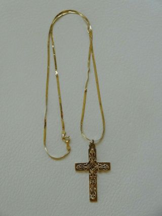 Vintage Floral Cross Pendant & Chain Kinked 5 Grams Solid 14k Gold Scrap Or Wear