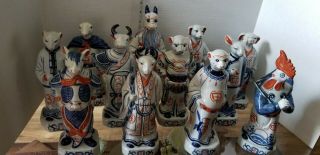 Set Of 12 Chinese Vintage - Blue,  White & Red Zodiac Figures Hong Kong