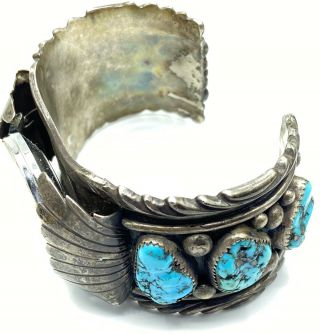 Old Pawn Vtg Silver Turquoise Mens Cuff Watch Bracelet Navajo Bisbee