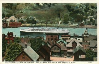 V Mich Passenger Steamer On Portage Lake Hancock Michigan Vintage Litho Postcard