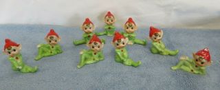 9 Cute Vintage Pixie Elf W/ Red Hats Porcelain Figurines - Shelf Sitters - Japan