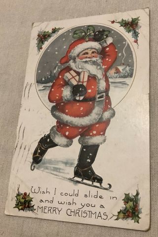 Vintage Whitney Christmas Postcard Santa Claus On Ice Skates W/ Presents 1921
