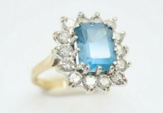 Vintage 9ct Gold 1.  75ct Emerald Cut Blue Topaz & Cz Cluster Ring,  Size N