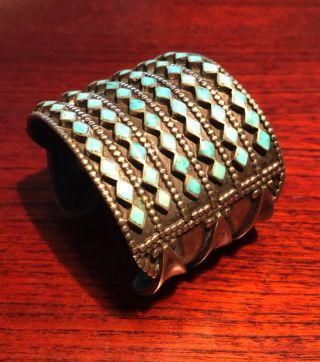 Vintage Navajo Sterling Silver Turquoise Cluster Cuff Bracelet 1960s