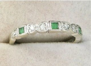 Vintage 14k White Gold Emerald & Diamond Stacking Wedding Anniversary Band Ring