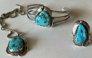 Vintage Navajo Sterling Silver Sleeping Beauty Turquoise Cuff/pendant/ring Set