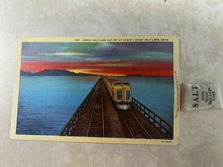 Vintage Postcard Great Salt From Great Lake Utah Train At Sunset Posted 1944