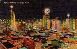Vintage Postcard Night View Of Skyline Dallas Tx 1948