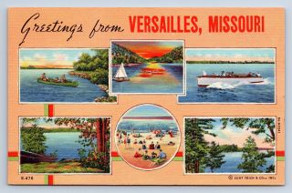 Vintage Postcard Greetings From Versailles Mo Multiview Lake Of The Ozarks A9